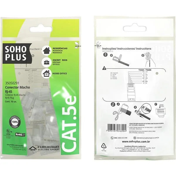 Conector RJ45 Macho CAT.5E Sohoplus Furukawa PT (Pacote com 10 unidades)