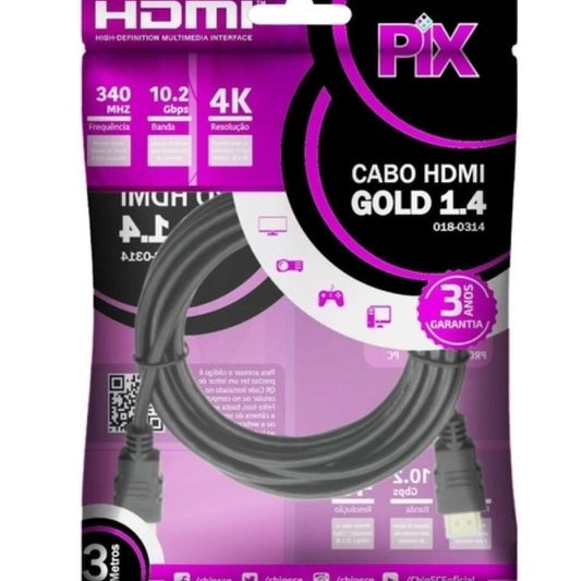 Cabo HDMI Pix Gold 1.4 4k 3d Ultra Hd 15p 3 Metros
